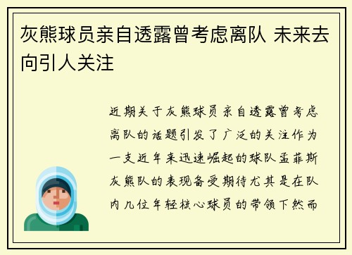 灰熊球员亲自透露曾考虑离队 未来去向引人关注